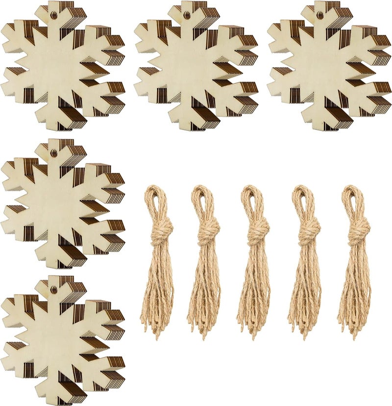 LEBERY 50Pcs DIY Wooden Christmas Ornaments Wooden Snowflakes for Crafts Unfinished Snowflakes Wood Ornaments with Hole, Predrilled Wood Snowflake Cutouts for Crafts Paints Christmas Tree Hanging Decor - Image 1